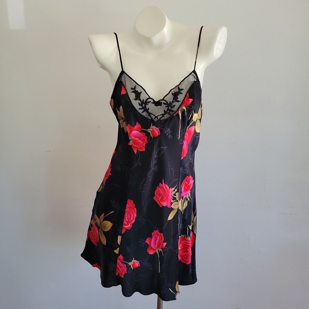 Vintage Victoria Secret Seda Silk Chemise Slip Dress Medium Red Roses Feminine